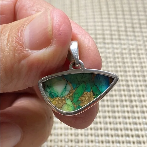 PEACOCK DAHLIA TURQUOISE PENDANT In Solid Sterling Silver 925 - Picture 5 of 7
